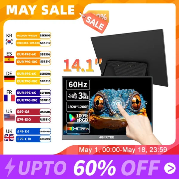 14.1 inch Portable Monitor 10-Point Touchscreen 100%sRGB 1200P IPS Second External Screen for Laptop Phone Mac Xbox Switch PS4/5