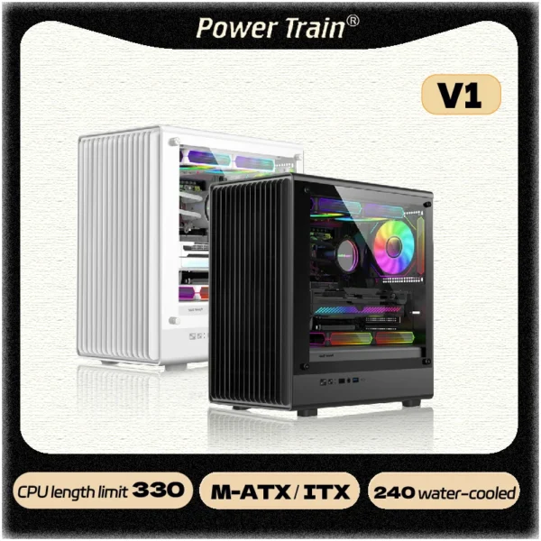 Power Train V1 MATX Case Desktop Computer Side Transparent Glass Vertical Host ITX Chassis Support 240 280 Water Cooling
