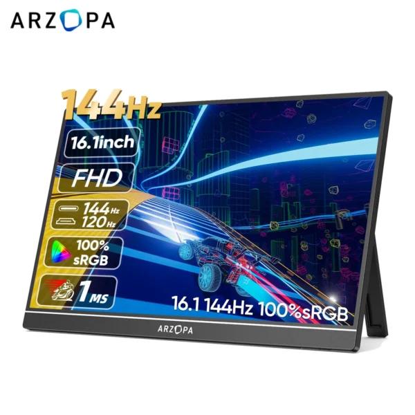 ARZOPA 16.1 inch 100% sRGB 144Hz Gaming Monitor Portable Laptop Display with Type C Mini HDMI For PS4/5 Steam Deck Switch PC Mac