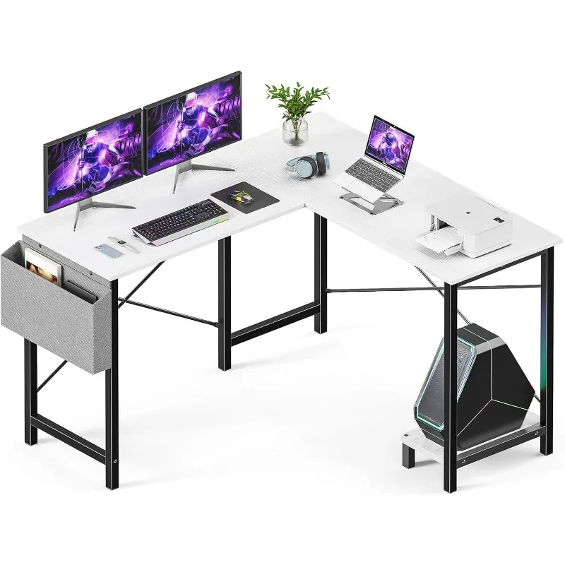 kf-Sdac31c85c6e04f46adfad472be46c9b7w L Shaped Computer Desk - Gaming Corner 50 Inch PC White Writing Study Student Table with Wooden Desktop CPU Stand Side Bag - Image 1