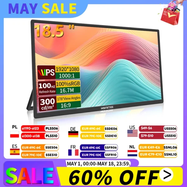 HGFRTEE 18.5inch 100Hz Portable Monitor With VESA Hole Stand PC Gaming Extended Display ADS-IPS Large screen Support Type-C HDMI