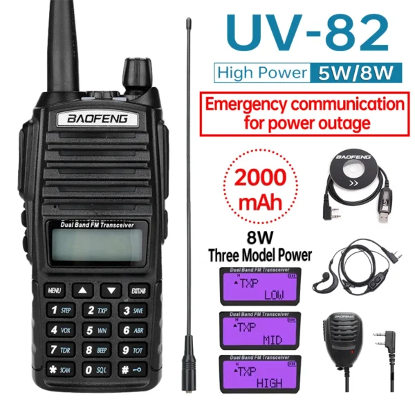 High Power 5W/8W Baofeng UV-82 Walkie Talkie Uv82 Dual Band Vhf/Uhf Fm 10Km Long Range Emergency home contact for power outage