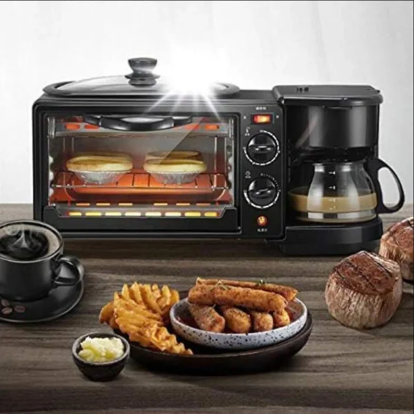 3 in 1 Breakfast Maker with Glass Lid Mini Electric Oven Bread Maker With 600ml Coffee Maker Non Stick Pan for Kitchen Sandwich