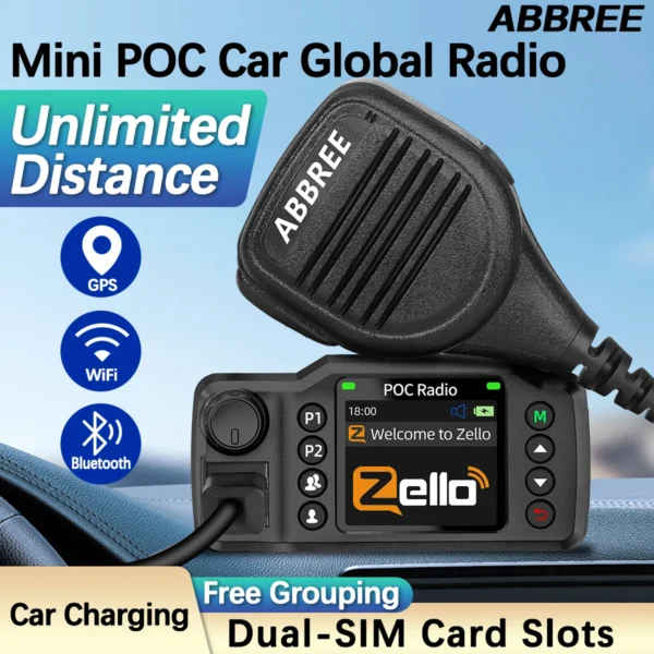 ABBREE GP-8900 Plus Network Car Walkie Talkie Zello Global POC Radio GPS 3/4G Unlimited Distance Dual SIM Card Android Bluetooth