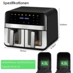 Double Basket Air Fryer 9L XXL 2400W 8 Modes Healthy Oil-Free Frying&Baking Oven 8-in-1 Air Fryer NEW - Image 6