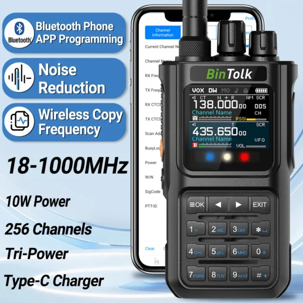BinTolk BT8000 Walkie Talkie 10W Full Band Wireless Bluetooth Programme Noise Reduction Type-c Charger Portable Two Way Radio