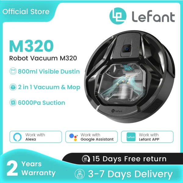 Lefant M320 cordless Robot Vacuum Cleaner and mop, 6000Pa ,210 Mins Runtime,Self-Charging,Ideal for Hard Floor, Pet Hair,Carpet