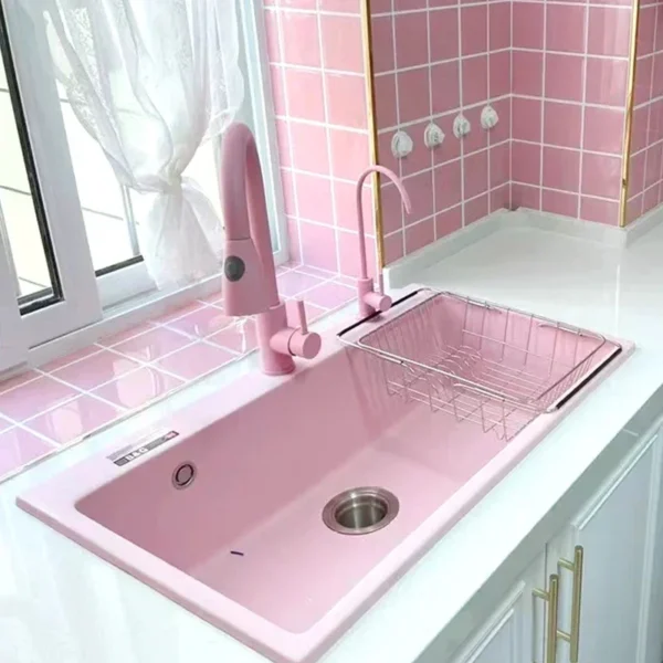 Light pink quartz stone large single slot bar basin, mid-island basin, kitchen under counter, colored dishwasher,
