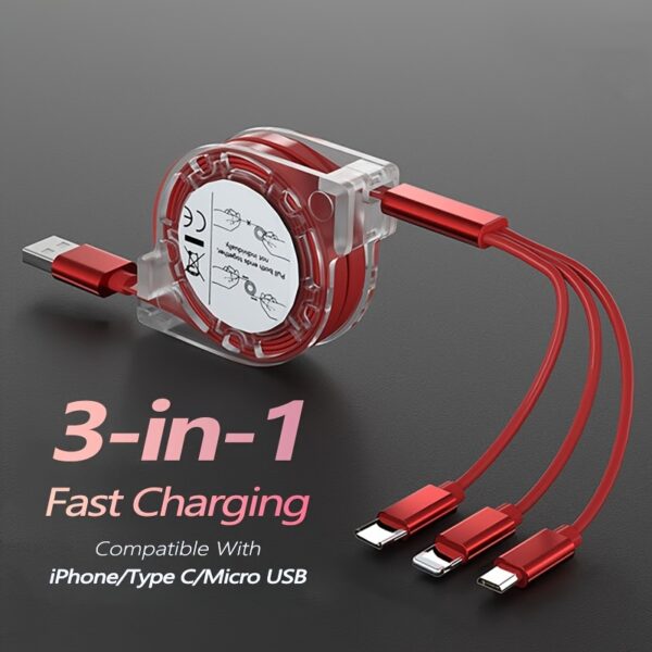 1pc 3-in-1 Retractable Fast Charging Cable, Multi Charger Cord with Lightning/Micro/Type C Connectors, PVC Flat Cable for iPhone, iPad, Samsung, PS, Tablets - USB Powered, 10-20W, Data Sync, No Battery or Electronics