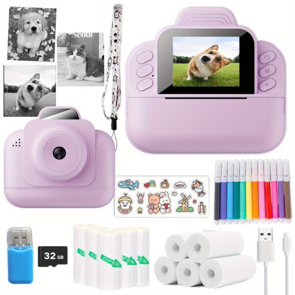 New Instant Photo Printer Bundle with 8 Rolls of Photo Paper, 5 Stickers, 32GB TF Card, Reader, 12 Colored Pens, Lanyard, 2.4-inch Large Screen, 1024P Video, Built-in Multiple Shooting Filters and Special Effects, DIY Photos