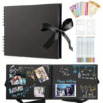 Photo Album Scrapbook - 80 pages DIY memory book with 12 metal pens and 8 photo stickers for 420 photos - Scrapbook kit, perfect for writing, drawing and storing memories (black, pink)