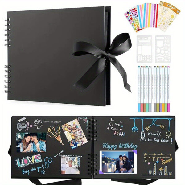 Photo Album Scrapbook - 80 pages DIY memory book with 12 metal pens and 8 photo stickers for 420 photos - Scrapbook kit, perfect for writing, drawing and storing memories (black, pink)