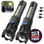 Buy 1 Get 1 Free, Total of 2pcs Multifunctional Flashlights High Lumens Rechargeable LED Battery Powered with 6 Light Modes, Cob Side Light, USB C, Zoomable, Powerful Handheld Flash Lights Perfect for Emergency, Camping, Outdoor Adventures, IP44