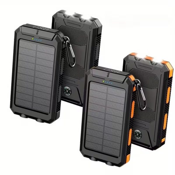 2pcs 20000mAh Portable Solar Power Bank, Portable Solar Mobile Phone Charger, Camping External Battery Charger for Mobile Phones, 2 USB/ LED Flashlights with Compass for Outdoor Activities