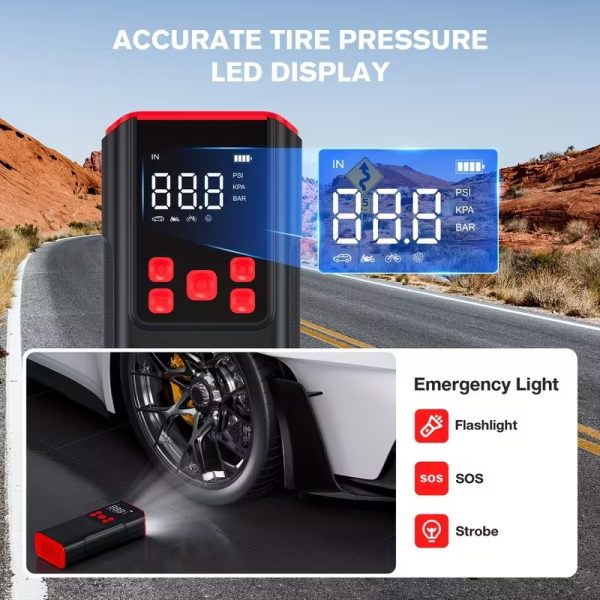 5000mAh Portable Air Compressor With Pressure Gauge, 150PSI Compact Wireless Air Compressor For Car Tires, Motorcycles, Bikes, Balls -Rechargeable, 3 Modes Of LED Emergency, Digital Display, Fast Inflation, 4+N Inflation Mode, One-Click Operation