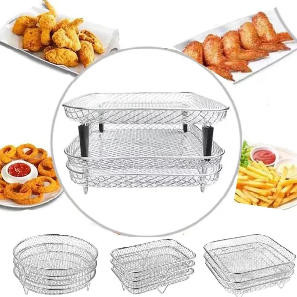 3Layers Air Fryer Rack Stainless Steel Stackable Gill Food Dehydrator Basket Air Fryer Accessory Cook Several Food in One Time